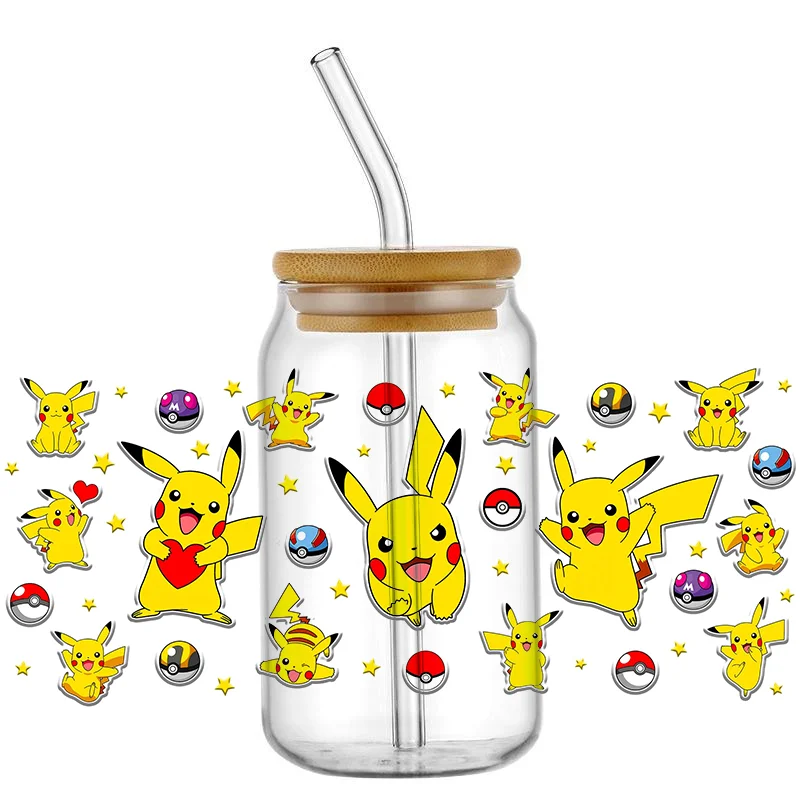 Miniso Mixed Cartoon Designs Pokemon Pikachu Printed 3D UV DTF Transfers Japanese animation Stickers 16oz Cup Wrap For DIY Glass