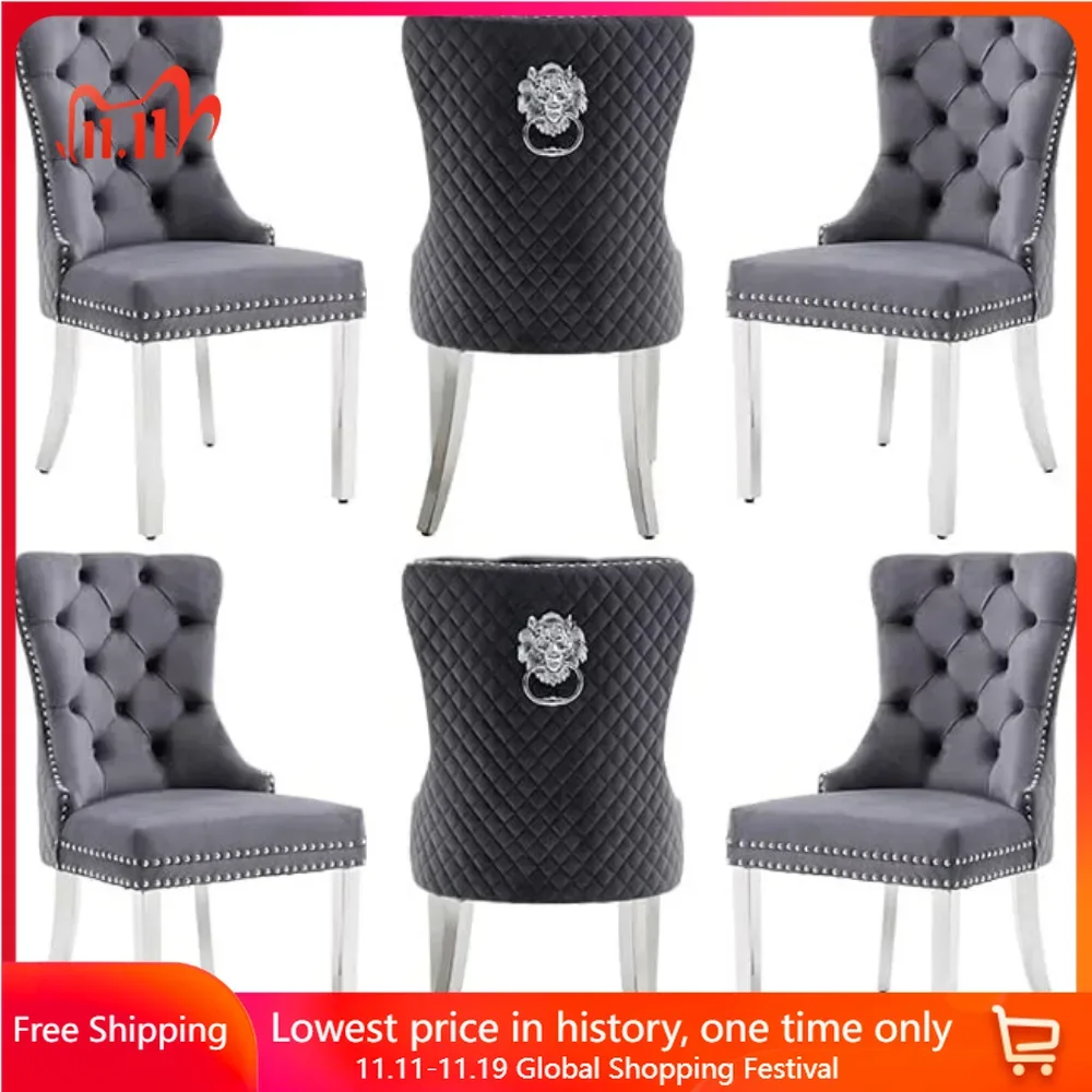 

Dining Chair Set of 6, Silver Stainless Steel Legs, Lion Head Pull Ring, Nailhead Trim, Button Tufted Back, Velvet Dining Chair