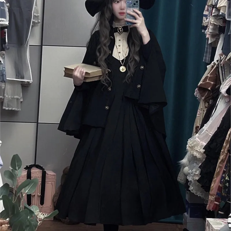 

Halloween goth Dark style black long waist dress