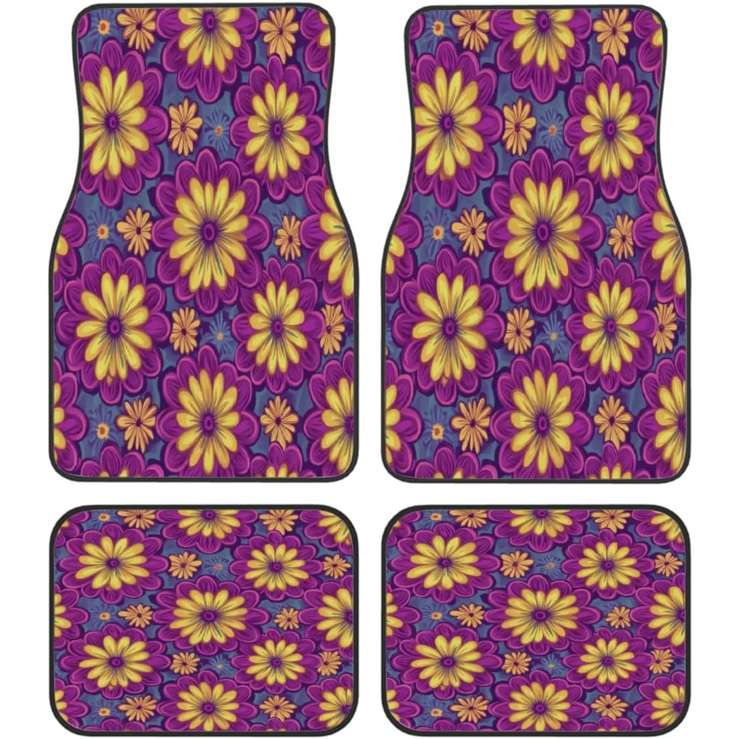 Car Floor Mats Non Slip Vehicle Front Rear Carpet Rugs Waterproof Universal Fit For SUV Van Truck Sedans, Purple Yellow Flowers,