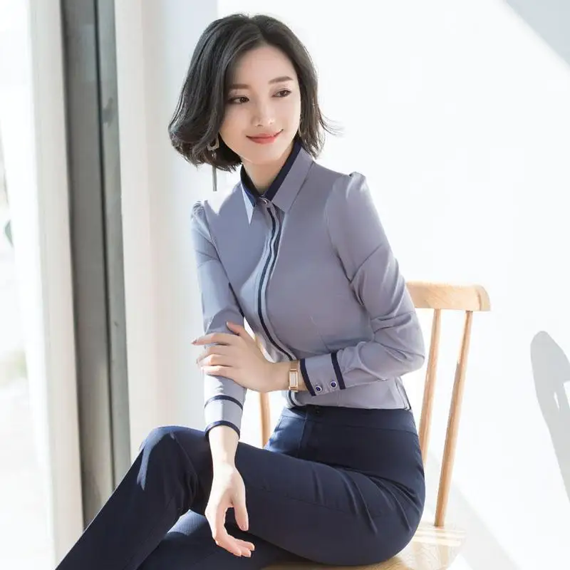 Slim Fit Long Sleeve Women's Shirt Professional Hidden Button Design White Grey Color Business Workwear Stylish New Korean Ve...