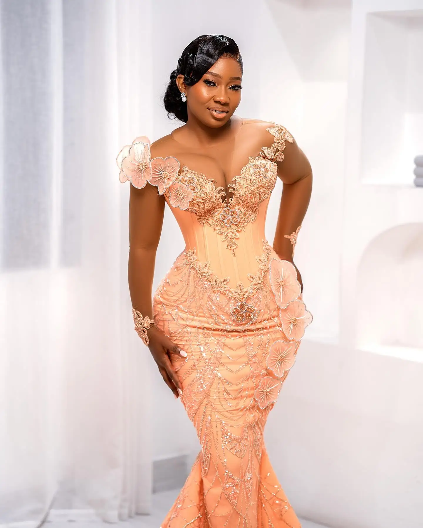Aso Ebi Style 3D Flowers Birthday Dress Elegance African Traditional Wedding Bridal Dress Luxury Beaded Lace Prom Party Dresses