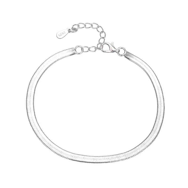 Unisex 925 Sterling Silver Simple Flat Snake Anklet Bracelet