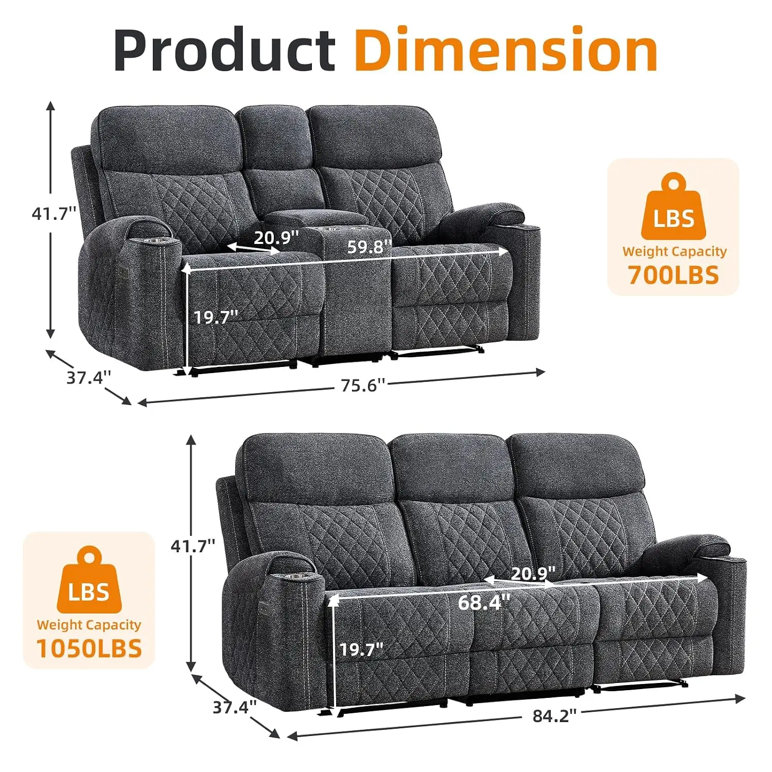 Fabric Electric Recliner Loveseat & 3-Seater Sofa with Cup Holders USB-C Charging Storage 5 Seats Small Living Room, Customized