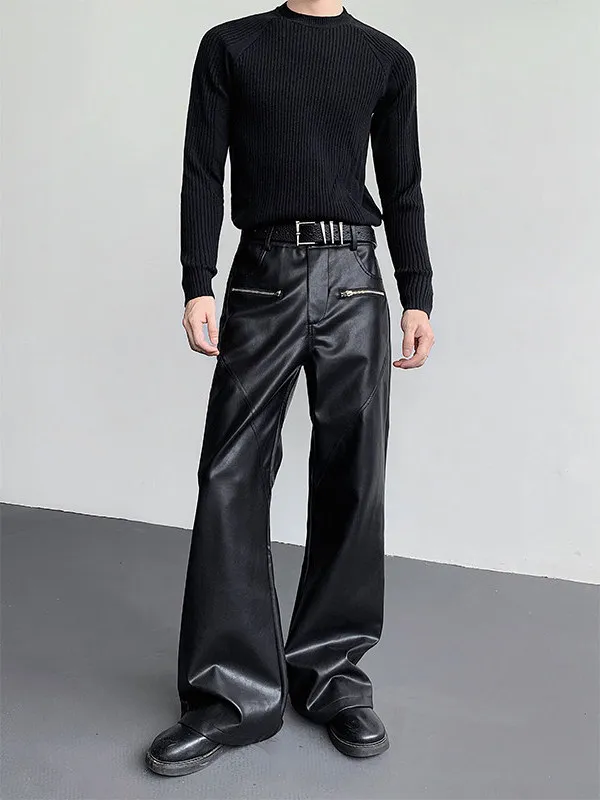 Men's 2025 Autumn New Stylish Loose Flared Pants Fashion High Street Zipper Design Trousers Male Chic Straight PU Leather Pants