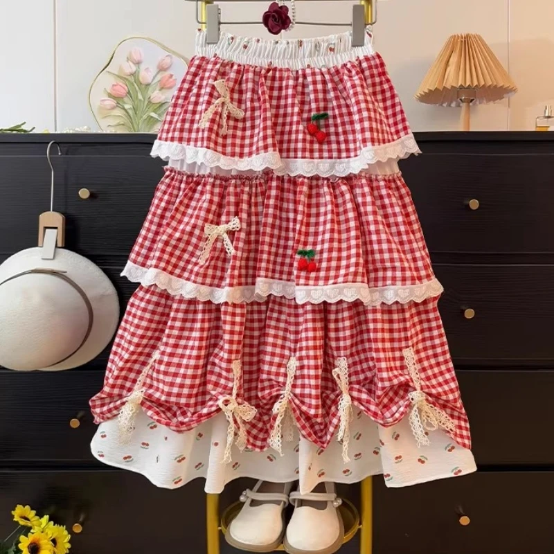 

Bowknot Midi Skirt Womens Plaid Skirt 2026 Teen Girls Lolita Spring Summer High Waist High Low Layer Ruffle Ball Gown Skirts rok