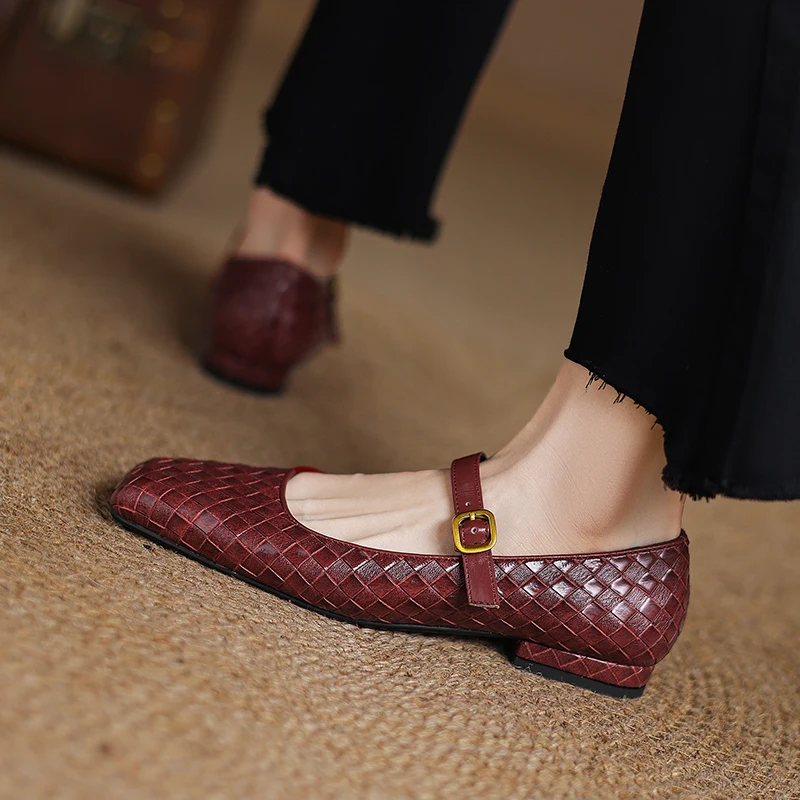Woven Flat Bottom Mary Jane Women's Shoes Comfortable Slip-On Retro Style Low Heel Leather Interior  Sandals Casual Dressy Shoe