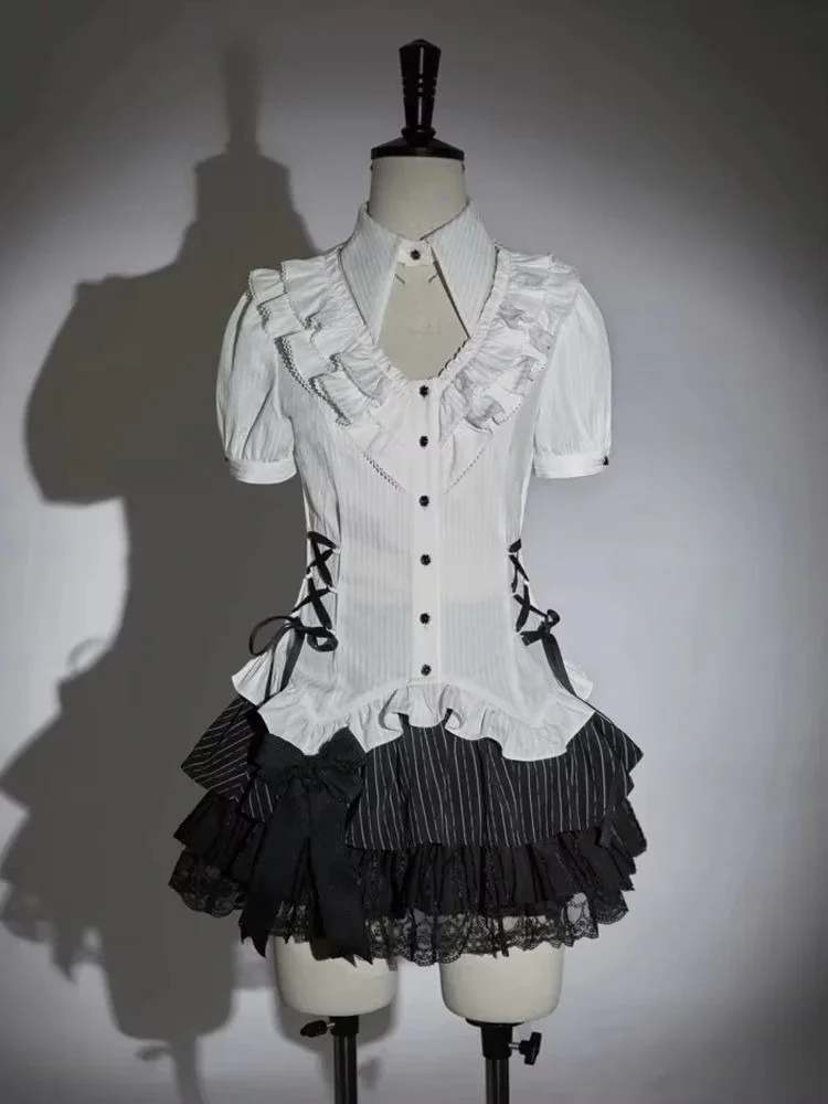 Japanische 2-teilige Sets für Damen, unregelmäßige Rüschen, schmale Passform, Bandage-Bluse + hohe Taille, Spitze, Patchwork-Röcke, Y2k-Ästhetische Outfits