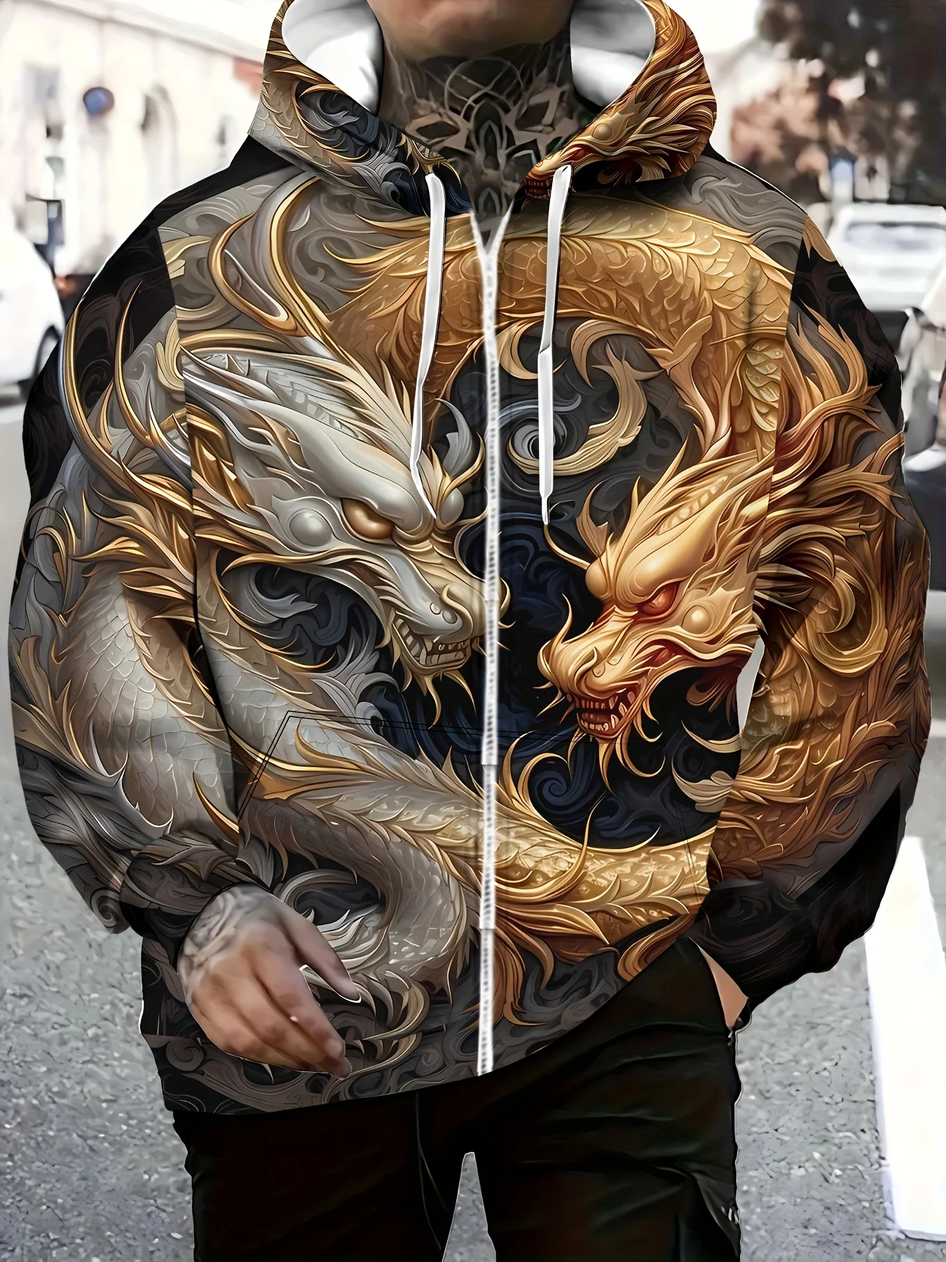 Moletom masculino com zíper de manga comprida com estampa de dragão dourado e nuvem branca, jaqueta casual outono inverno ao ar livre, cordão e bolso