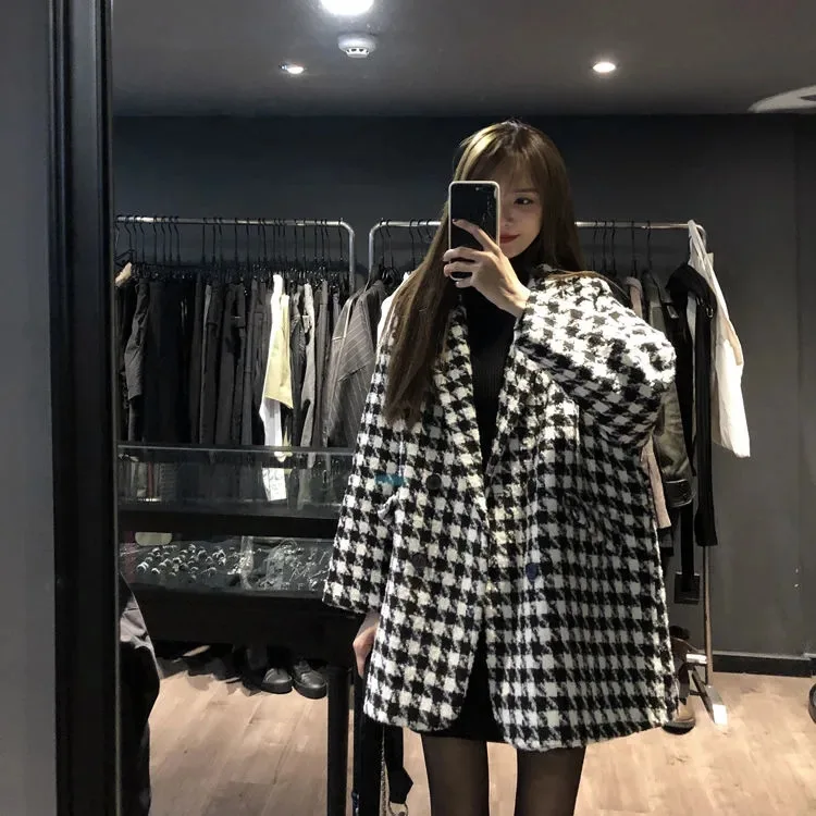 plaid woolen coat for women, autumn and winter 2024 new Korean version loose casual thickened medium and long coat for women