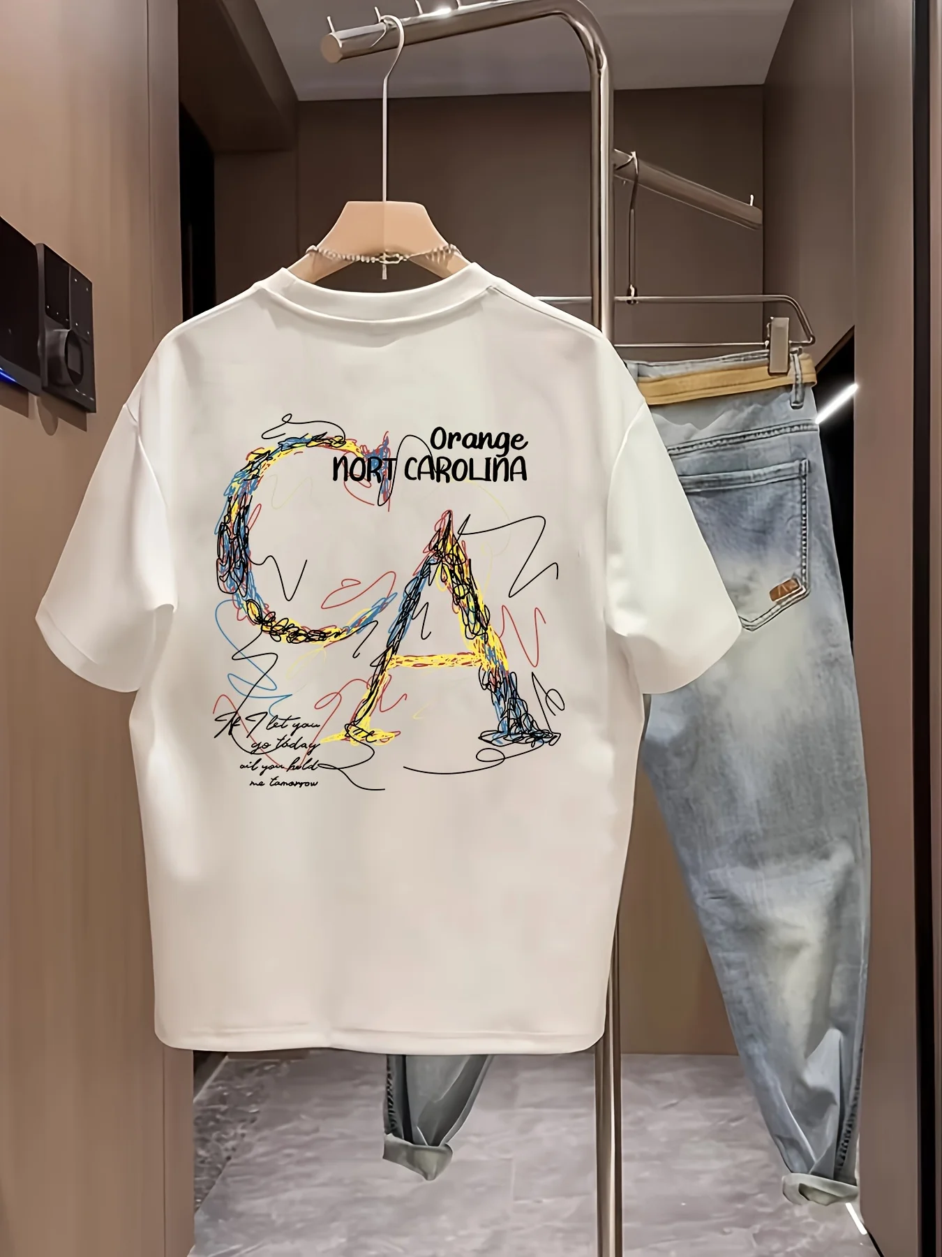 Multicolor Hand Drawn Letter Print 100% Cotton Mens T Shirt for Summer Relaxed Fits Works Well with Any Casual Wardrobe