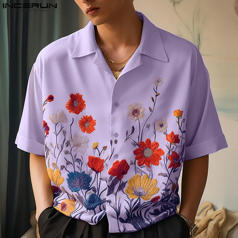 INCERUN Tops 2024 Korean Style Men Personalized Floral Print Pattern Design Shirt Casual Well Fitting Short Sleeved Blouse S-5XL