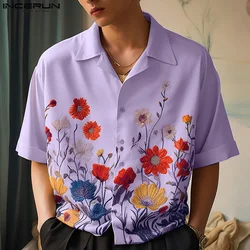 INCERUN Tops 2024 Korean Style Men Personalized Floral Print Pattern Design Shirt Casual Well Fitting Short Sleeved Blouse S-5XL