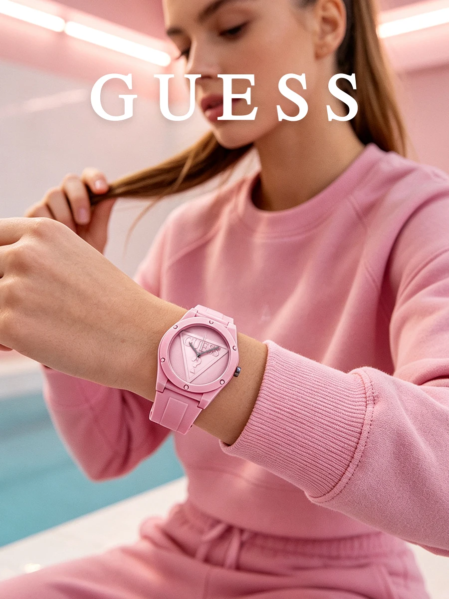 Reloj de cuarzo analógico para mujer GUESS U0979L5, con caja de caucho rosa y logotipo triangular, ideal para uso diario, fiestas o como regalo de cumpleaños.