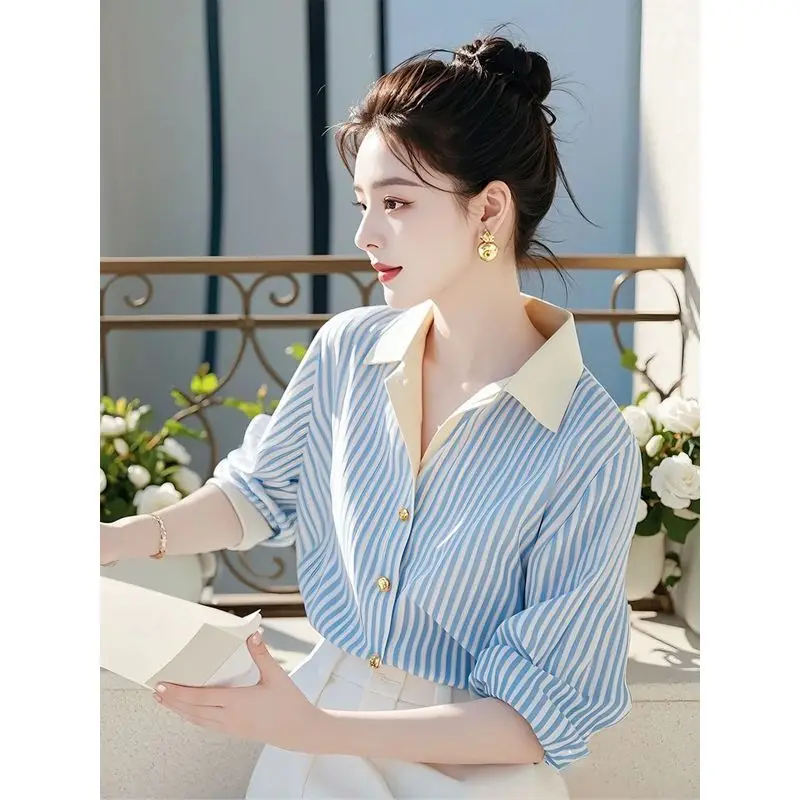 

Korean Chic Unique Blue Long Sleeved Striped Shirt New Autumn Women's Top