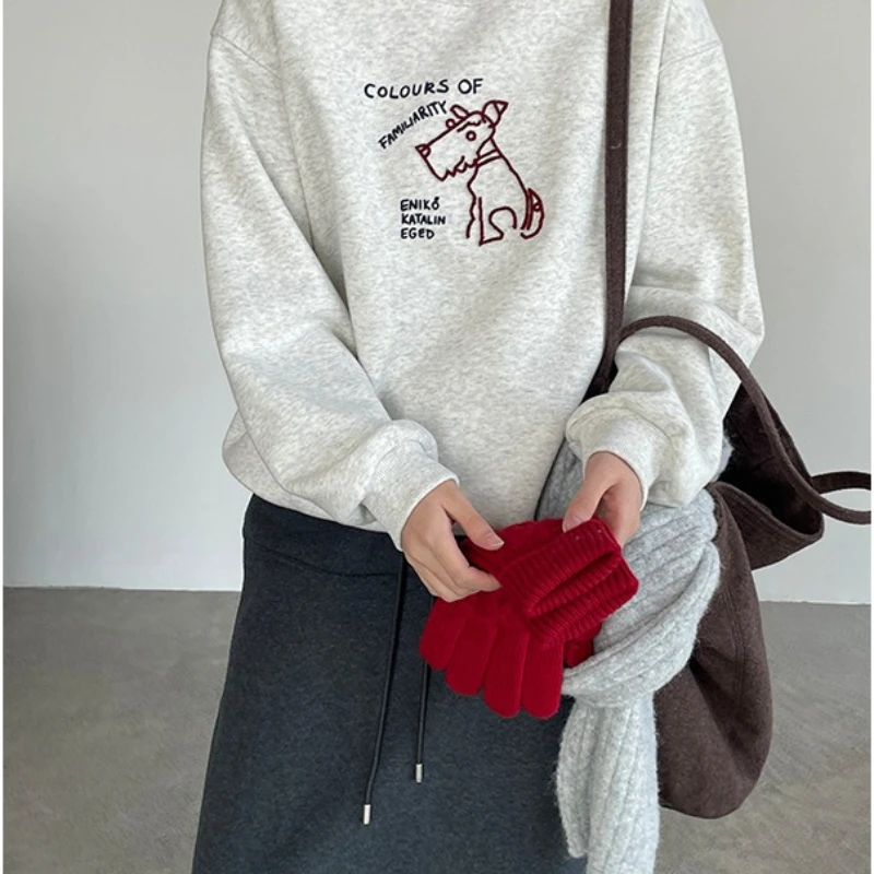 2025 حار بيع جديد الكلب التطريز نمط جولة الرقبة فضفاضة طويلة الأكمام هوديي للنساء #4