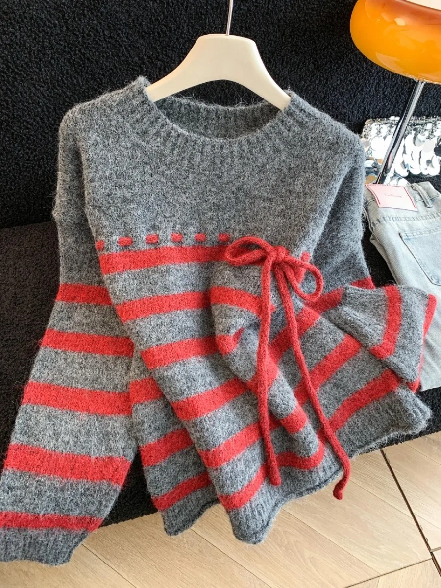 Women's Loose Fit Striped Knitwear Belted Self-Kee Sle Autumn Winter New Lazy Faion Sweater Warm Thiened Long Sve