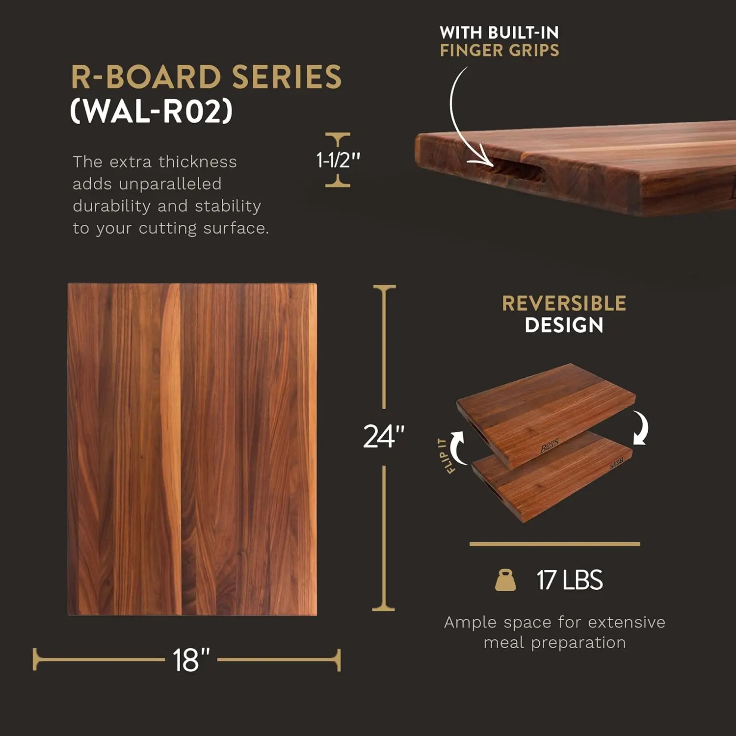 Block R-Board Series Large Reversible Wood Cutting Board, 1.5-Inch Thickness, 24