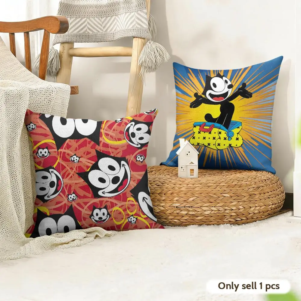 F-Felix The Cat Exquisite Cushion Cover Natural Linen Organic Fabric Double-Sided Printing Sofa Home Decor Gift Pillow Case