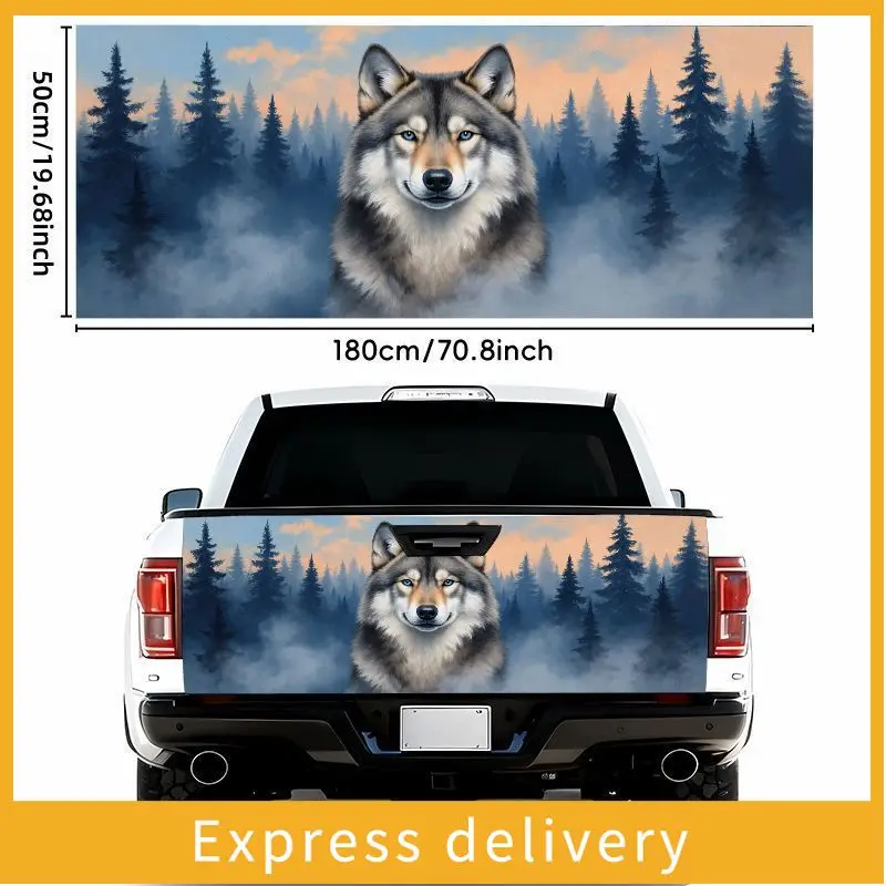 

2 pcs 50*180cm 2D car stickers Wolf Totem Car Tail Sticker - Mighty wolf and blue eyes with gray white thick hair, foggy forest