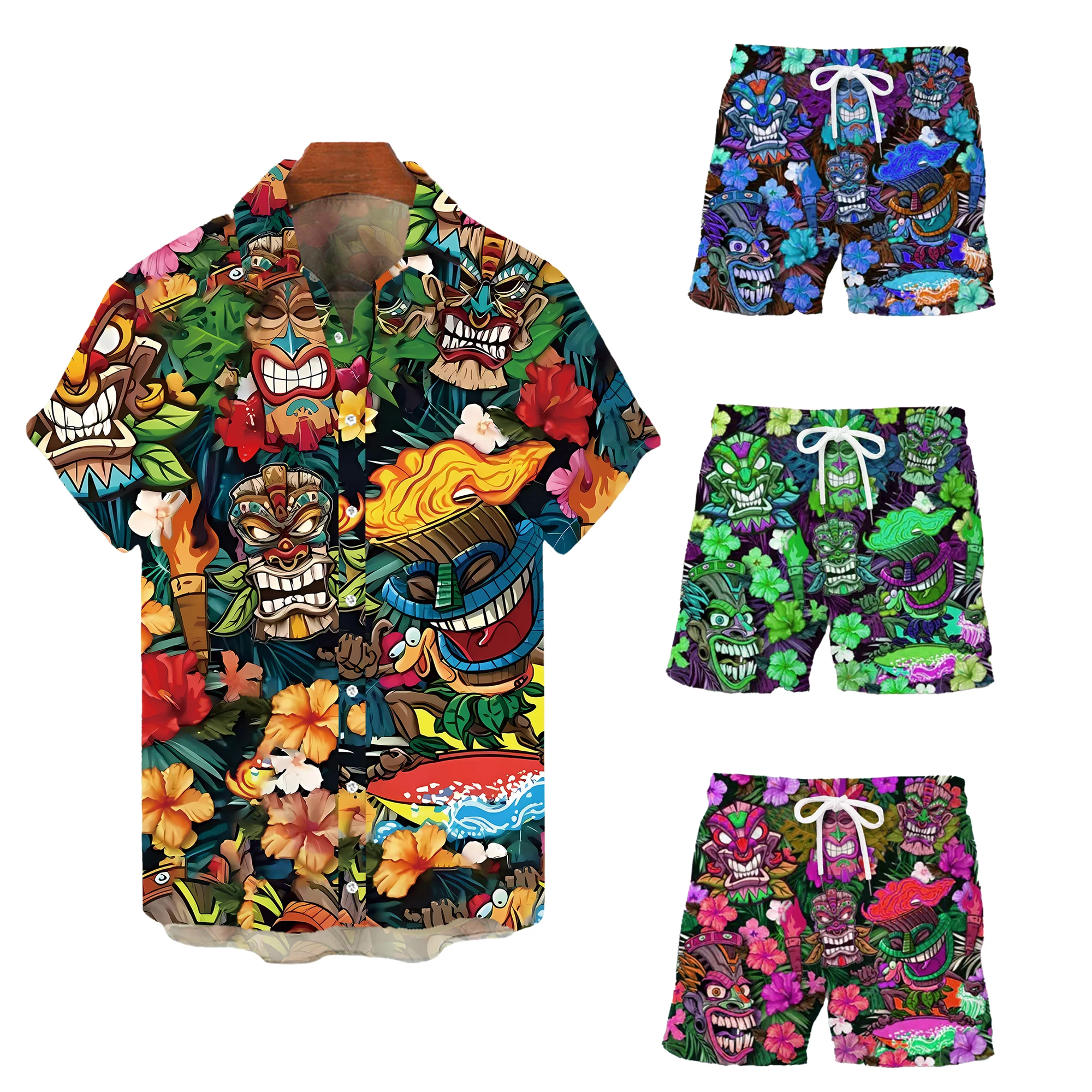 Summe Aloha Shirts Men\'s Button-down Hawaiian Shirt Set Beach Shirt and Shorts Floral Casual Suit Daily Holiday Print Totem