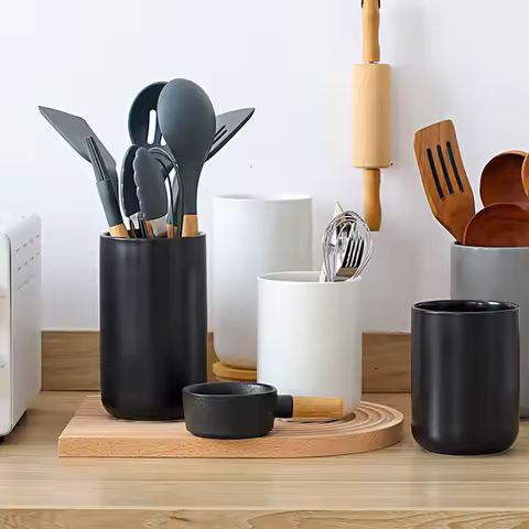 Ceramic Cooking Utensils Holder for Kitchen Counter Easy to Clean, Modern Crock Holder Kitchen Utensil Holder for Countertop