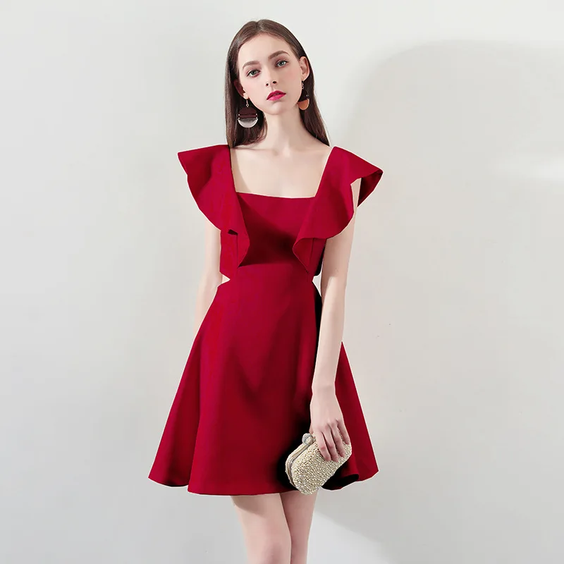 Very Elegant Square Neck French Style Gown Woman Short Knee Length Wedding Guest Dress Ladies Ruffle Sleeve Birthday Robe Solid