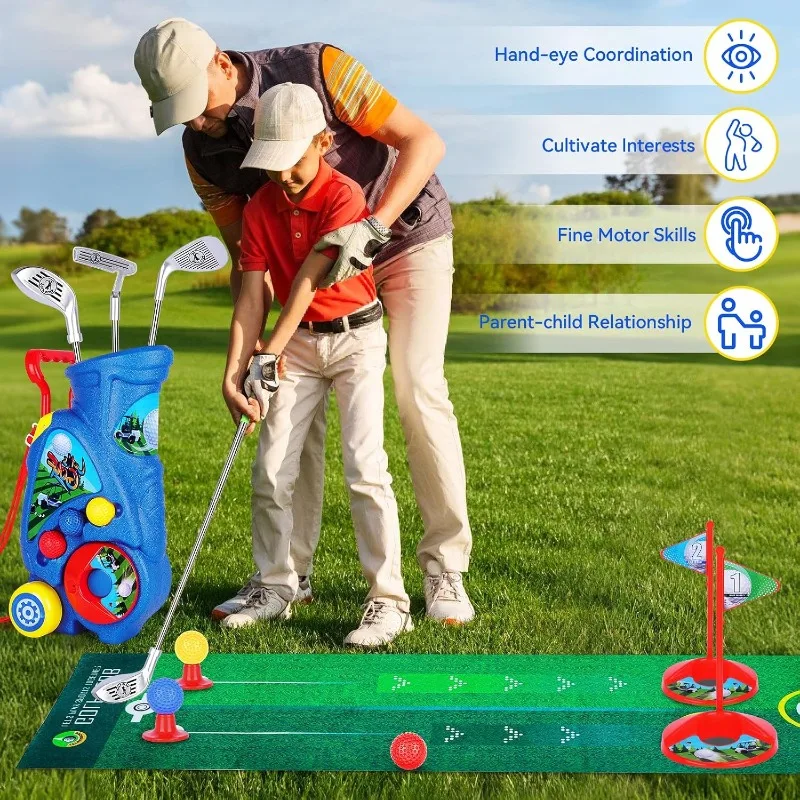 Golf Set, Plastic Golf Club, 3-Year-Old Child Plastic Golf Set, Golf Cart with Telescopic Rod, Indoor Outdoor Golf Toy Gift