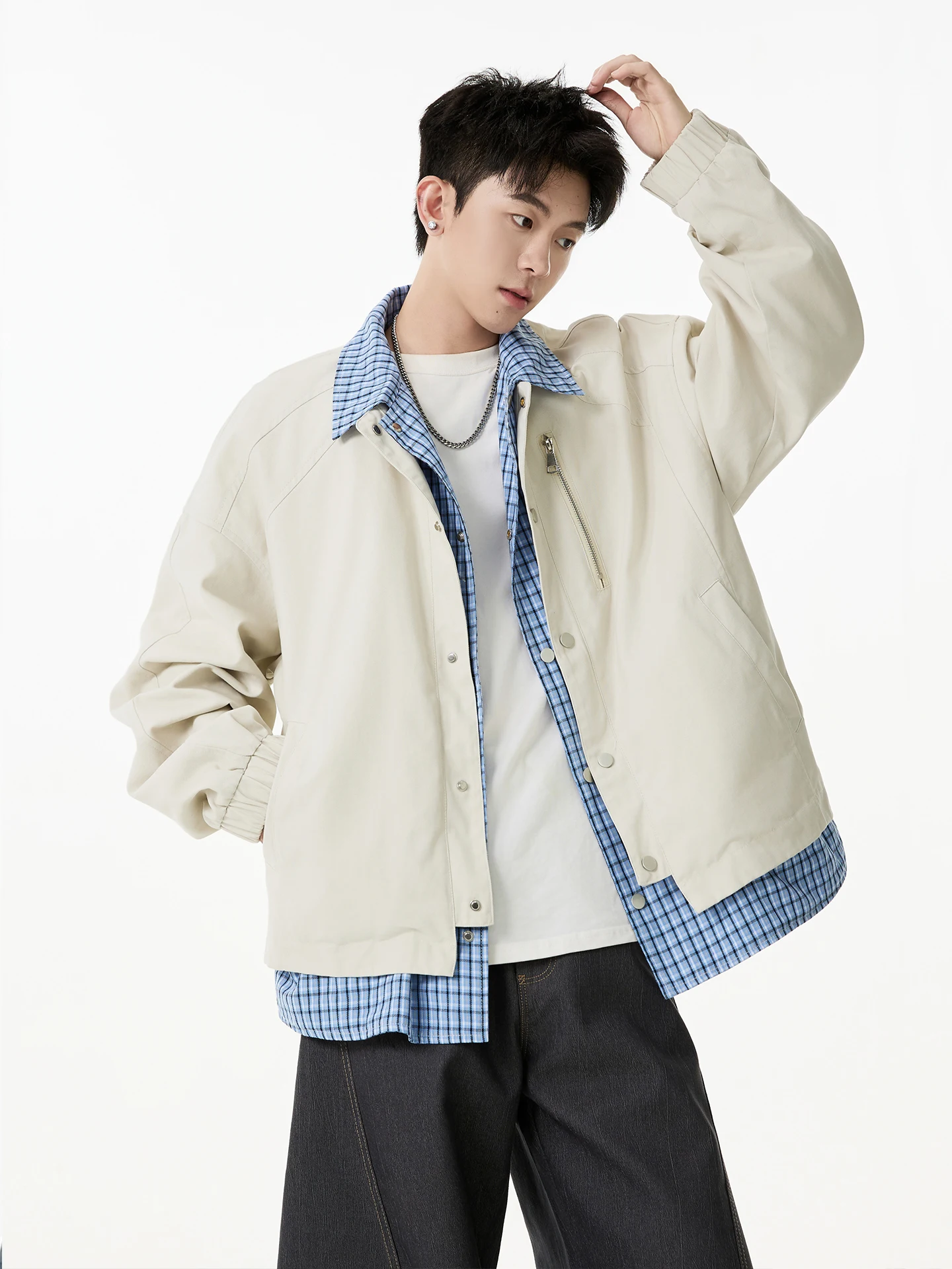 

Cleanfit Plaid Patchwork Men's Jaet Sli Motorcycle Outerwear Windproof Long Sve Polyester Fiber Zipper Closure No Hat