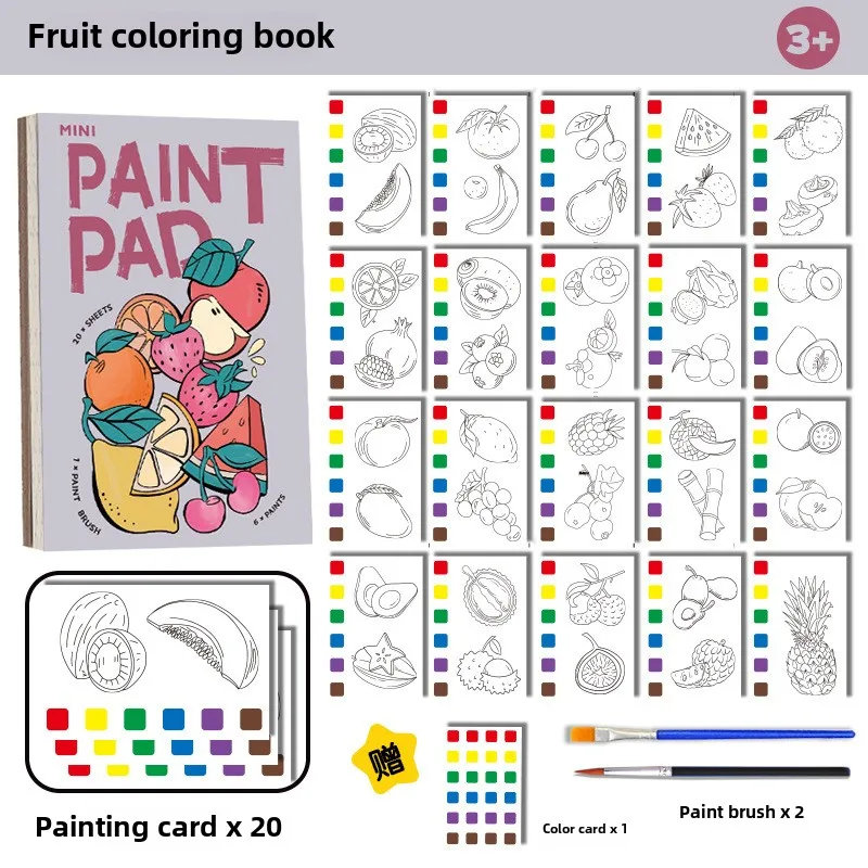 2025 New English Hot Selling Coloring Book Puzzle Students Mini Watercolour Paint Pad Fruit Watercolour Coloring Book