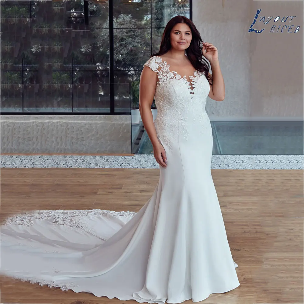 NICEB-vestido De novia clásico De talla grande, prenda De vestir romántica con cuello en V, mangas casquillo, apliques De botones, diseño De sirenaDiseño niceb Classic sirena aumenta el tamaño de un vestido de novia ro