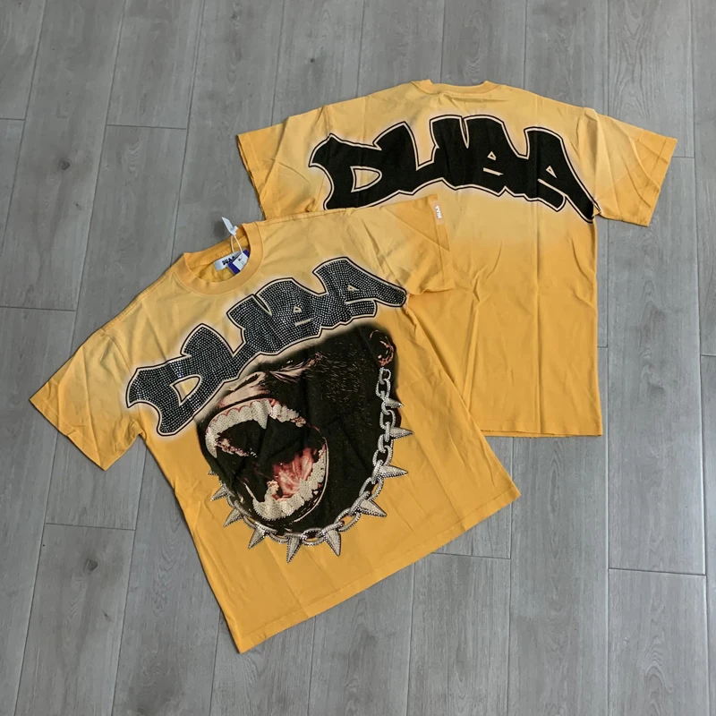 High Street Retro Gorilla Mouth Print Original Label Washed Do Old Hot Diamond White Ink Direct Spray Breathable Duaa Tee