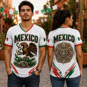 Men's Mexico Graphic T-Shirt, V-Neck with Aztec Eagle Design and Calendar Back Print, Casual Game Day Fan Wear, Mens Clothing, Mexico Shirt