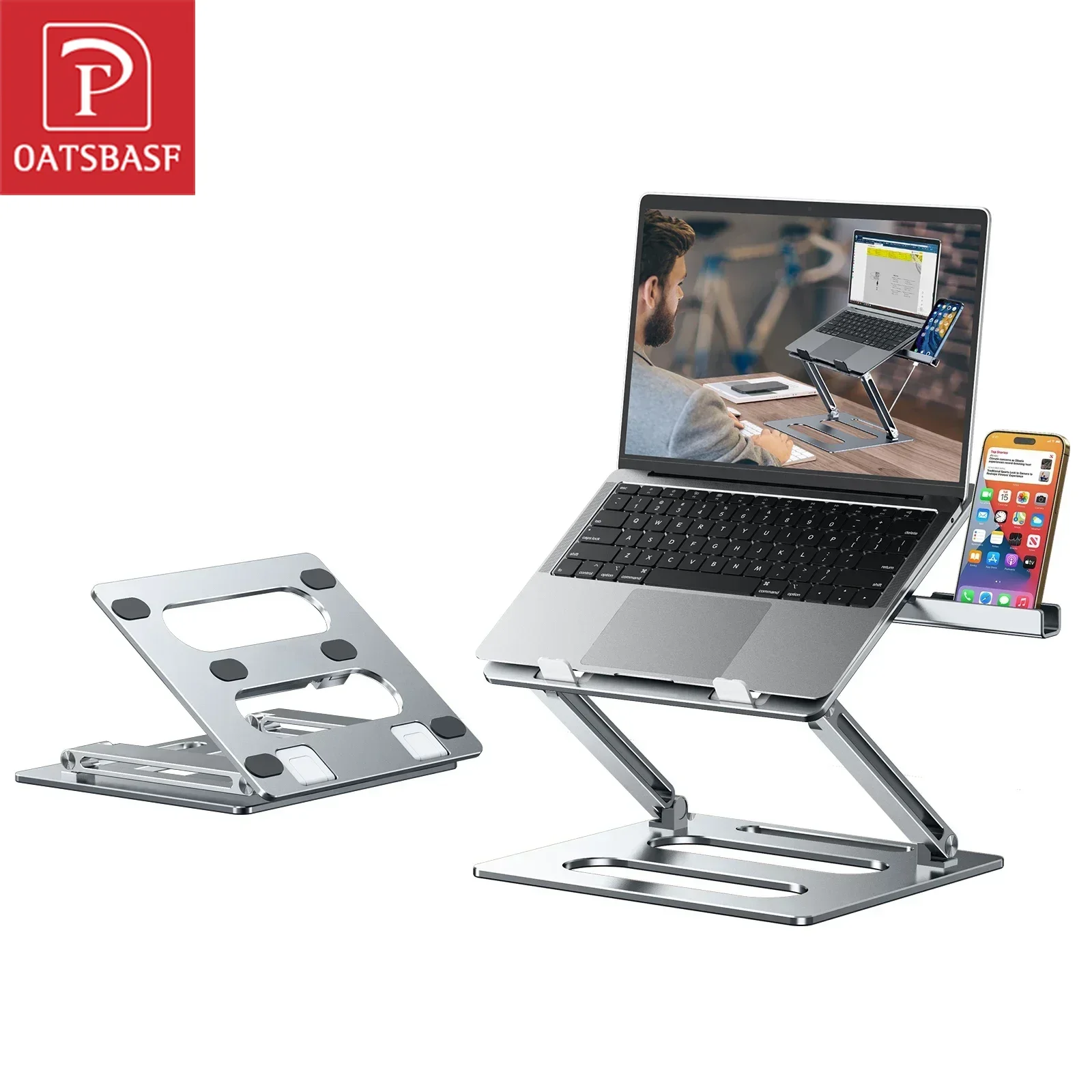 

Oatsbasf Aluminum Metal Laptop Stand Ergonomic Foldable Height Adjustable with Phone Stand Cooling Computer Base for Office Home