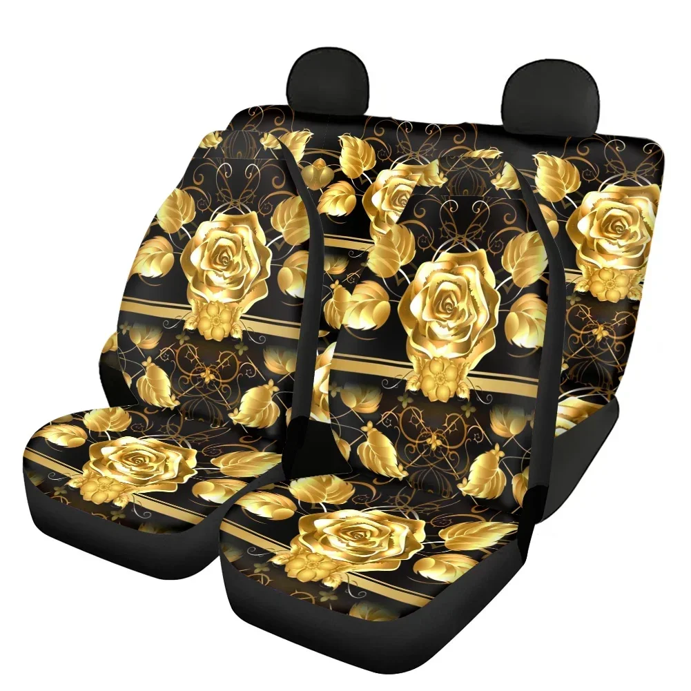 Gothic Golden Flowers Printed Heavy-Duty Car Interior Seat Covers for Women New Fashion Luxury Design Front/Back Seat Protector