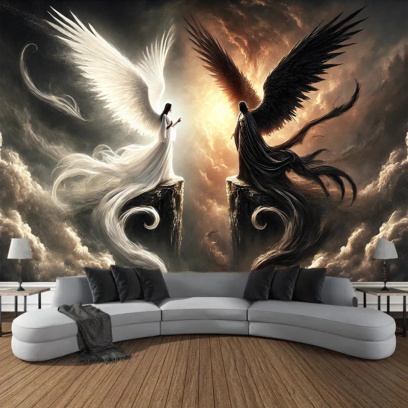 Angel Devil Duality Tapestry Good Evil Contrast Wall Hanging Dramatic Mythology Art Living RoomStatement PieceSpiritualSymbolism