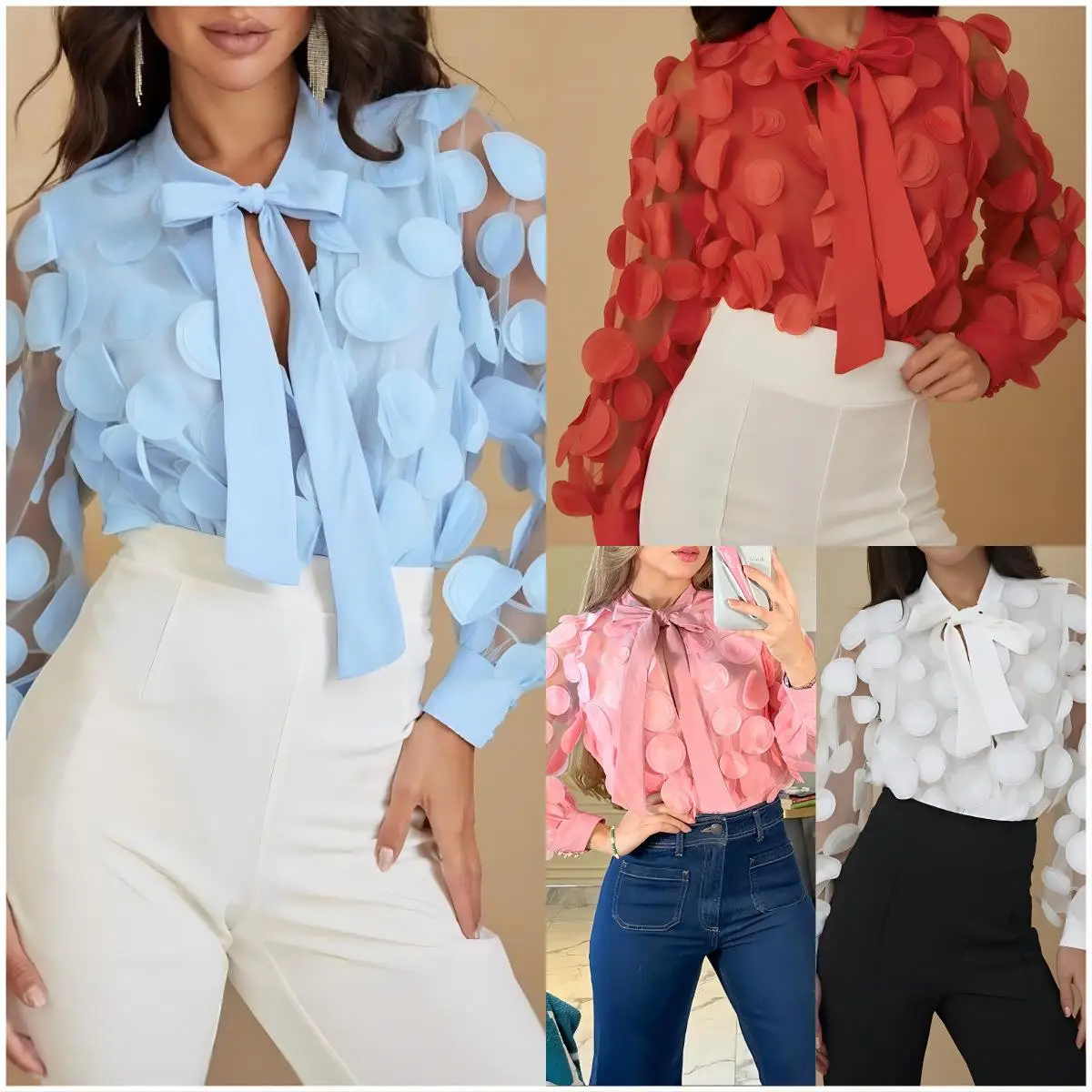 

3D Floral Stage Dress Women's Shirt Hollow out Cute Style Long Sleeve Lace Top Lantern Sleeve Color Fashion Ladies' Blouse