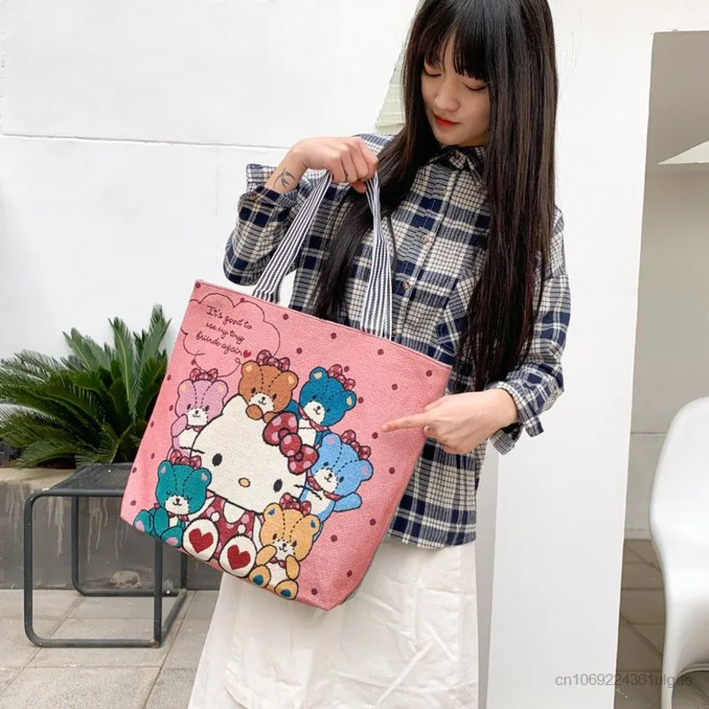 Sanrio Hello Kitty Canvas Bag Korean Style Cartoon Handbags Women Casual Commuter Totes Y2k Female Japanese Cute Shoulder Bags