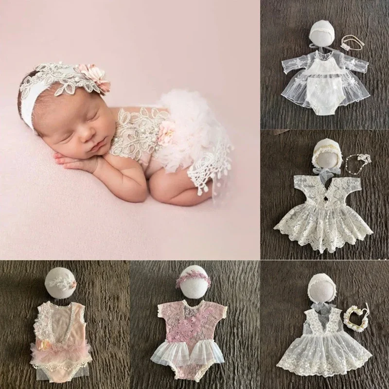 Newborn Girl Photography Prop Lace Dress Photoshooting Costume Headbands Hat 1 Month Princess Clothes Outfit Props Accessories