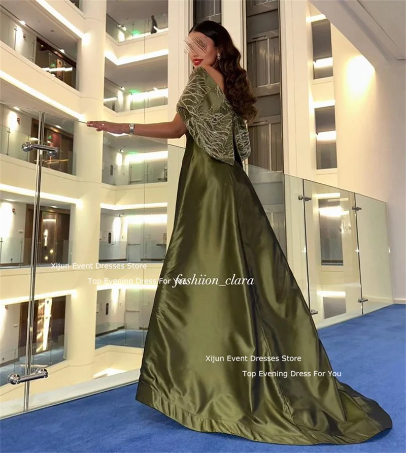 Xijun Green Satin Luxury Evening Dresses Boat Neck Beads Prom Dresses Prom Gowns Saudi Arabric Dubai Prom Gowns Long Party Gown