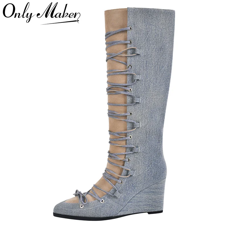 

Onlymaker Woman Pointed Toe Wedges Heel Mid Calf Denim Boots