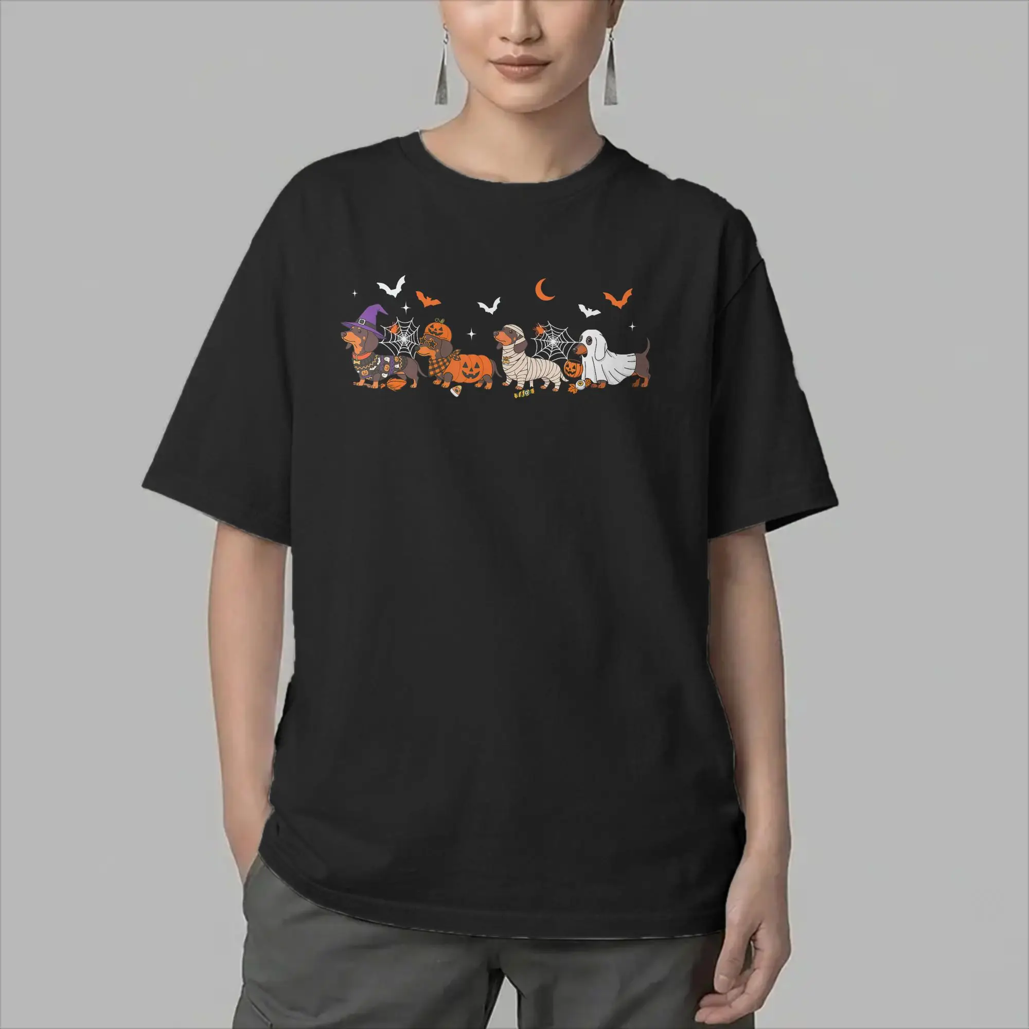 Men's T-Shirts Cute Dachshund Halloween Ghost Pumpkin Vintage Pure Cotton Tees Short Sleeve  T Shirt Crew Neck Clothes Printed