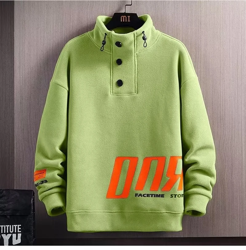 Trendy Brand Men's Sweatshirt Autumn Letter Print Polar Fleece Stand Collar Pullover For Men Y2K Hip Hop Streetwear  Hoodies