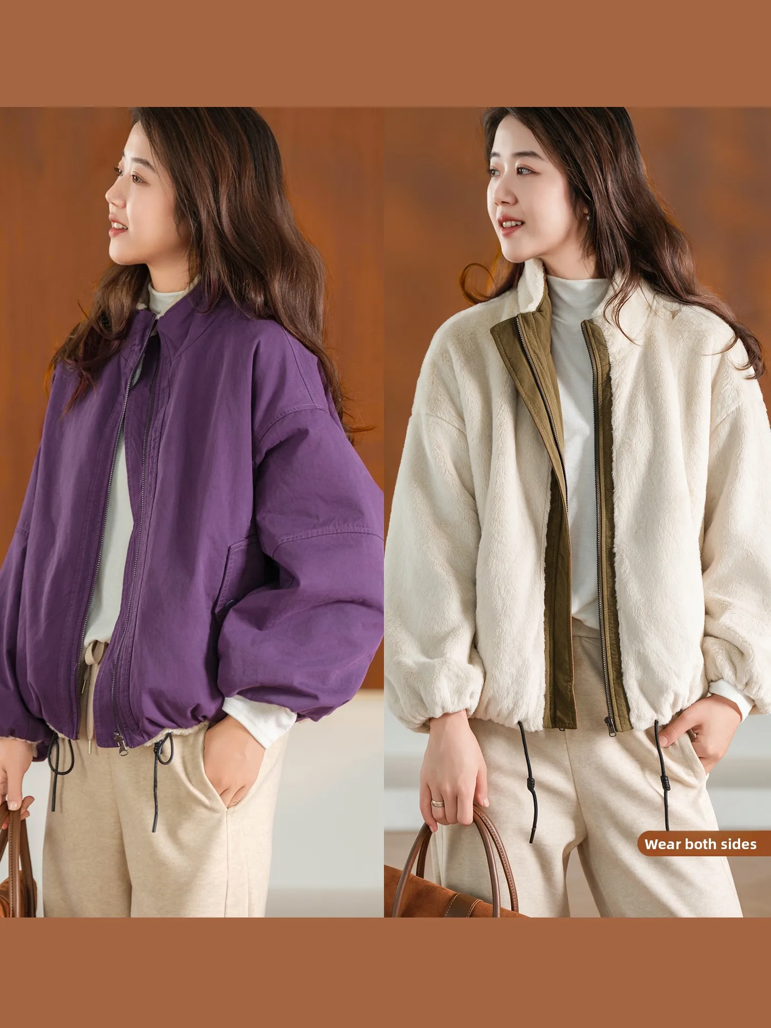 Double-Sided Wear Combed Cotton Fleece Lined Jacket Floral Hem Short Outerwear Women's Casual Style Long Sleeve Zipper Closure