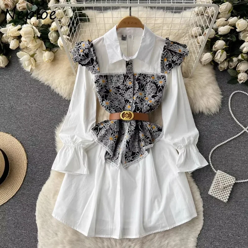 

Neploe High End Ruffle Edge Embroidered Printed Patchwork Shirt Dress 2024 Autumn French Fragrant Style Vintage Elegant Vestidos