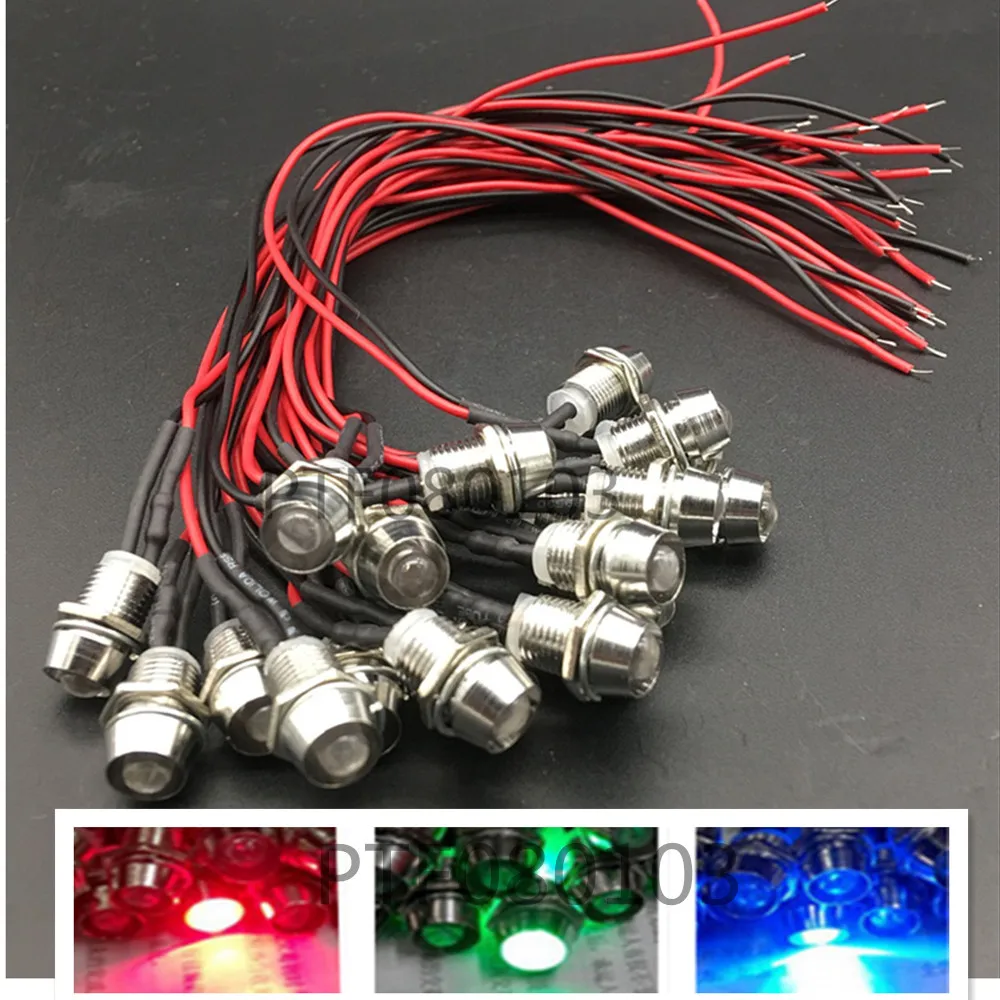 10-100pcs 5mm 12V colorful pre-wired LED Metal Indicator Pilot Dash Light Lamp Wire Leads