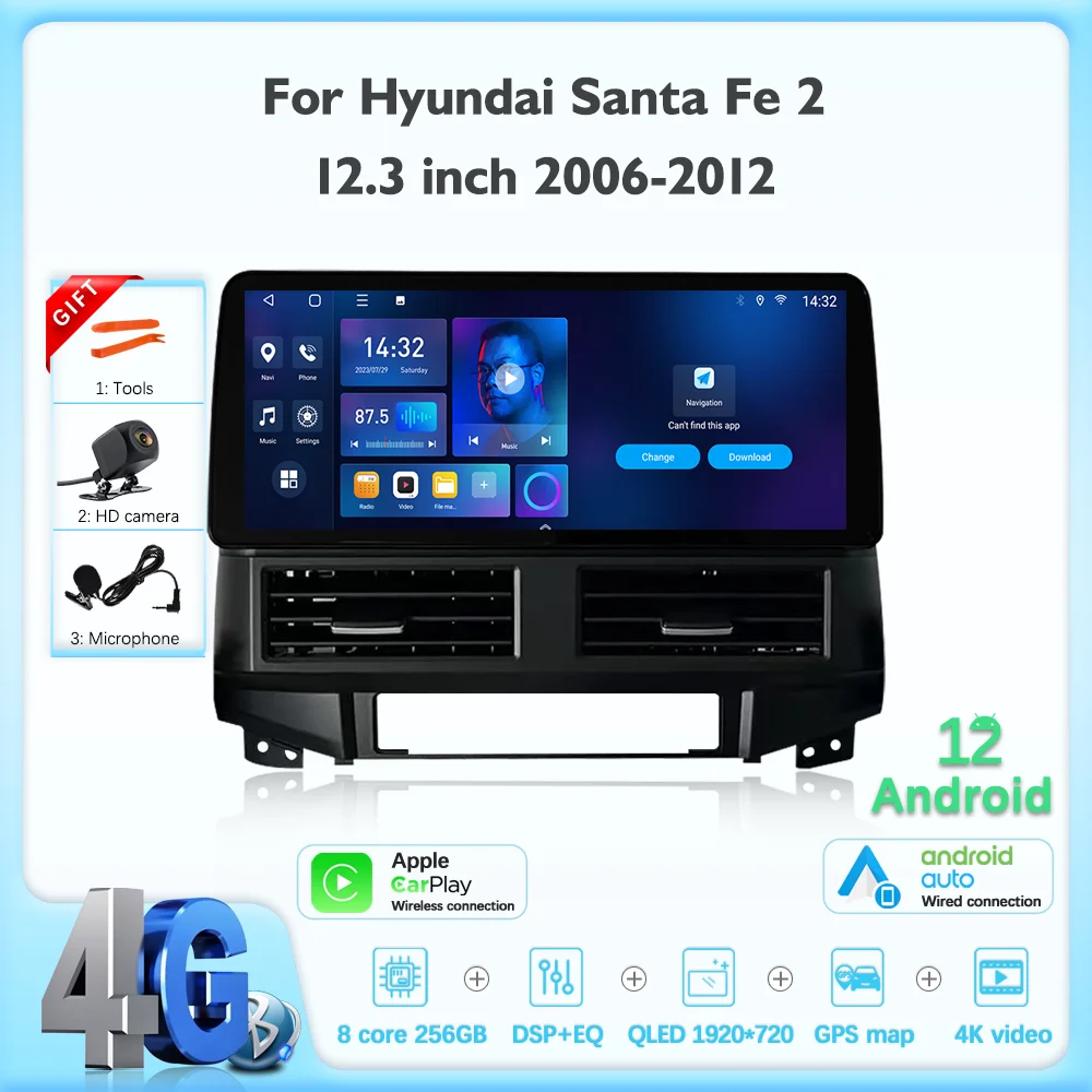 JEHUNG 12.3 inch Android12 For Hyundai Santa Fe 2 2006-2012 Smart Multimedia Video Player GPS Radio 5G CarPlay Navigation 8+256G