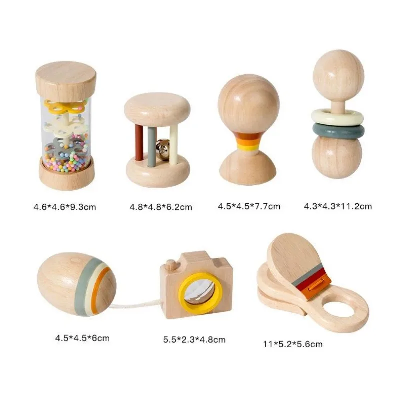 7PCS Houten Rammelaar Speelgoed Baby Rustgevende Muziek Speelgoed Baby Greep Auditieve Visuele Training Pasgeboren Zintuiglijke Training Speelgoed Pasgeboren Geschenken