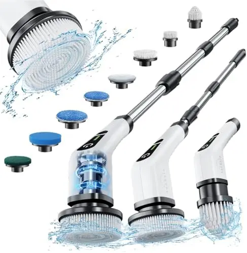 Leebein Cordless Spin Scrubber – 8 Brush Heads, Dual Speed, Adjustable Handle for Tub, Tile, Floor, Kitchen & Car
