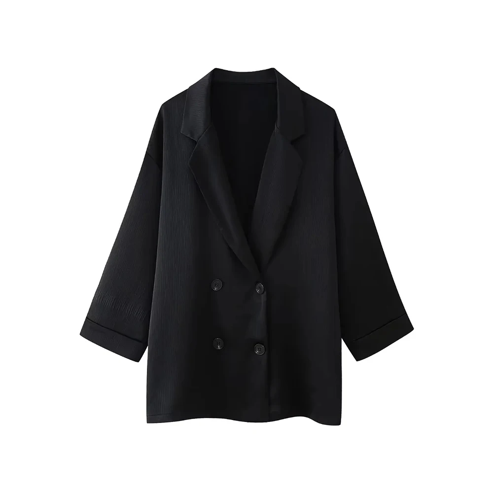 Losse blazerjas met dubbele rij knopen en broek met hoge elastische taille en wijde pijpen, vrouwelijke tweedelige sets, mode - afbeelding 1